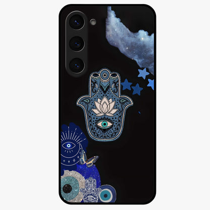 Mystic Hand Aura Glass Case showing flat back view with mystical hand symbol artwork and glossy glass finish.