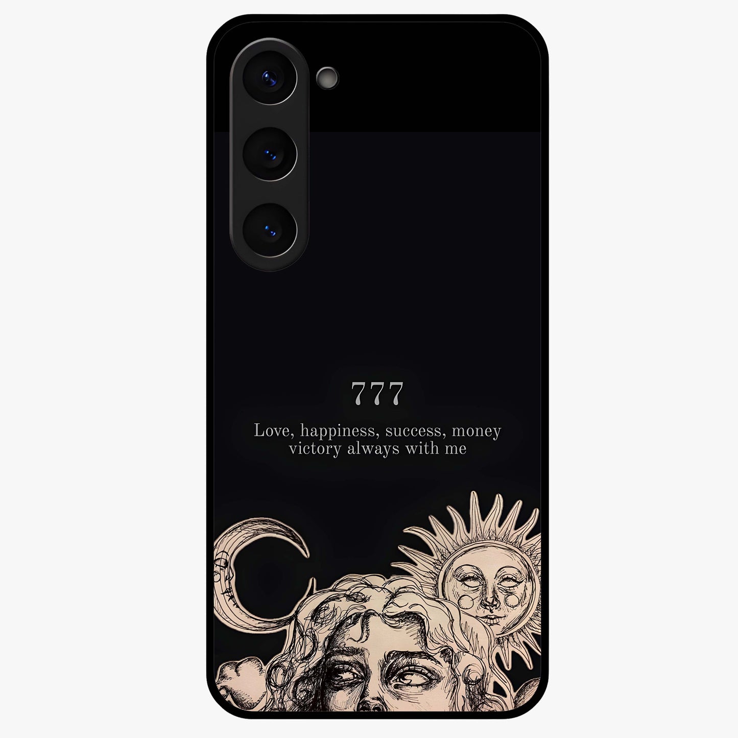 Mystic Victory Aura Glass Case showing flat back view with victory symbol artwork and glossy glass finish.