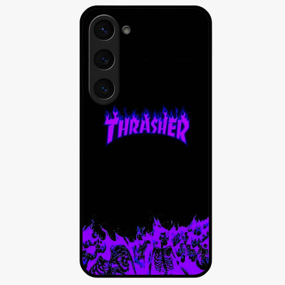 Neon Flame Riot Glass Case showing flat back view with neon flame artwork and glossy glass finish.