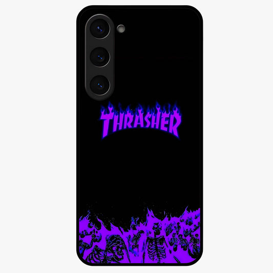 Neon Flame Riot Glass Case showing flat back view with neon flame artwork and glossy glass finish.