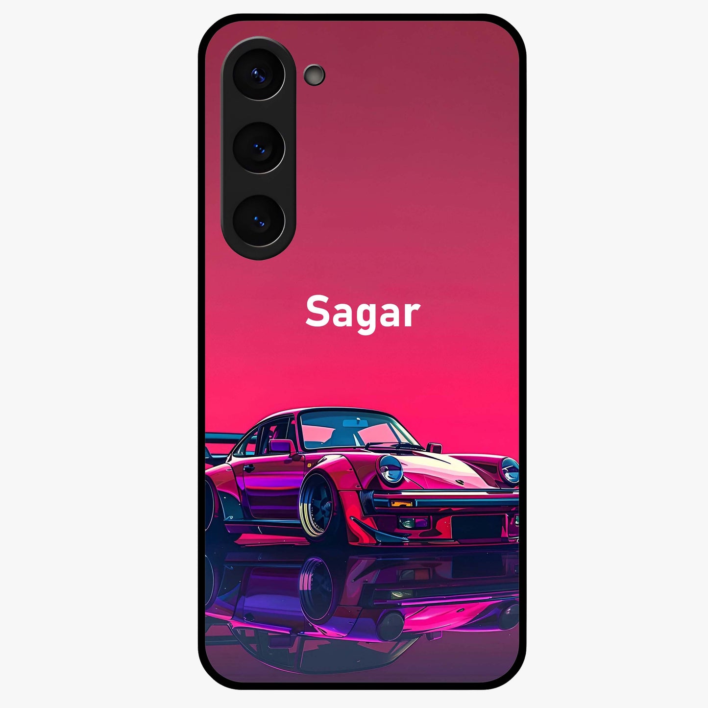 Neon Pink Porsche Glass Case showing flat back view with stylish sports car artwork and glossy glass finish.