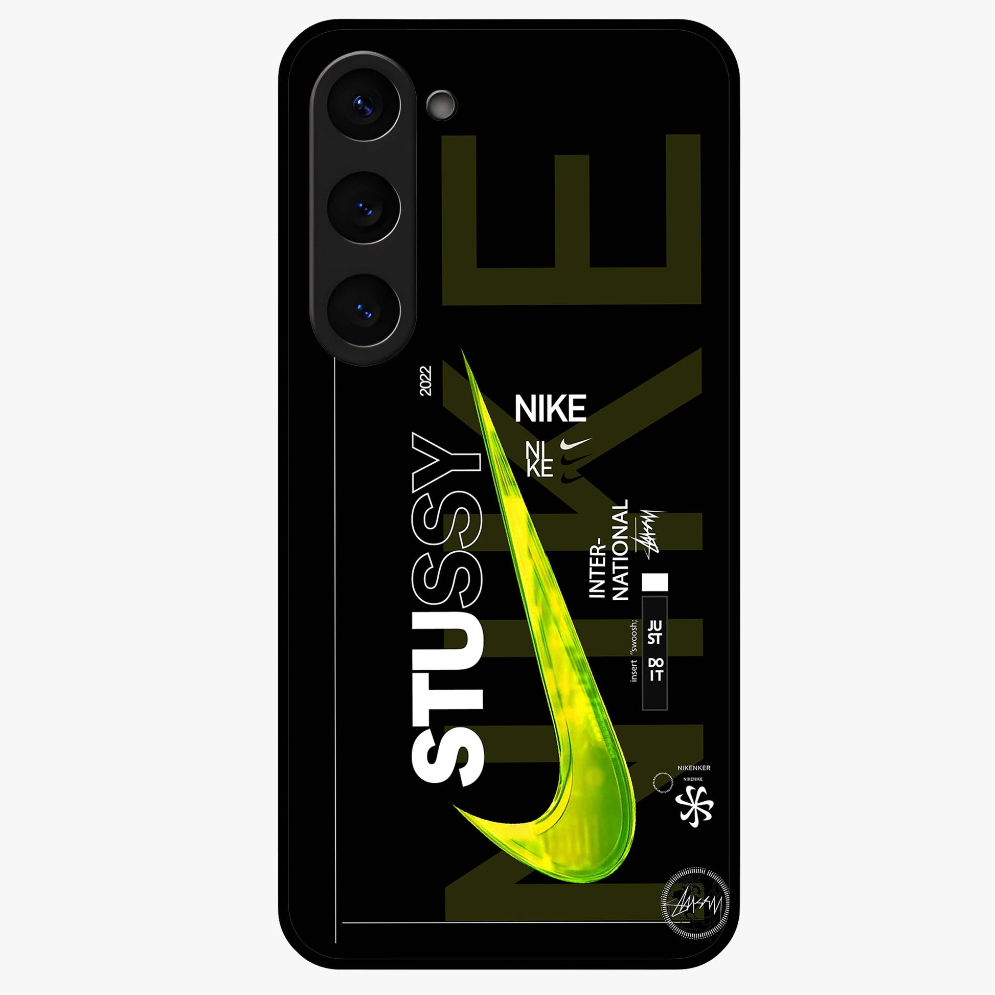 Neon Street Edition Glass Case showing flat back view with neon street style artwork and glossy glass finish.