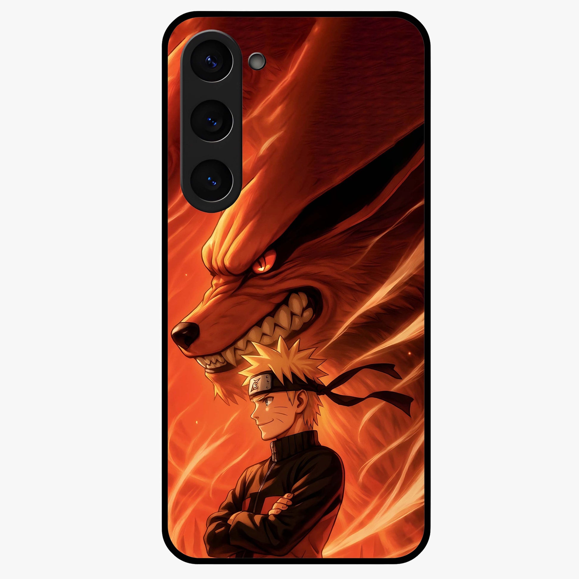 Nine Tails Legacy Glass Case showing flat back view with powerful nine-tailed fox inspired artwork and glossy glass finish.