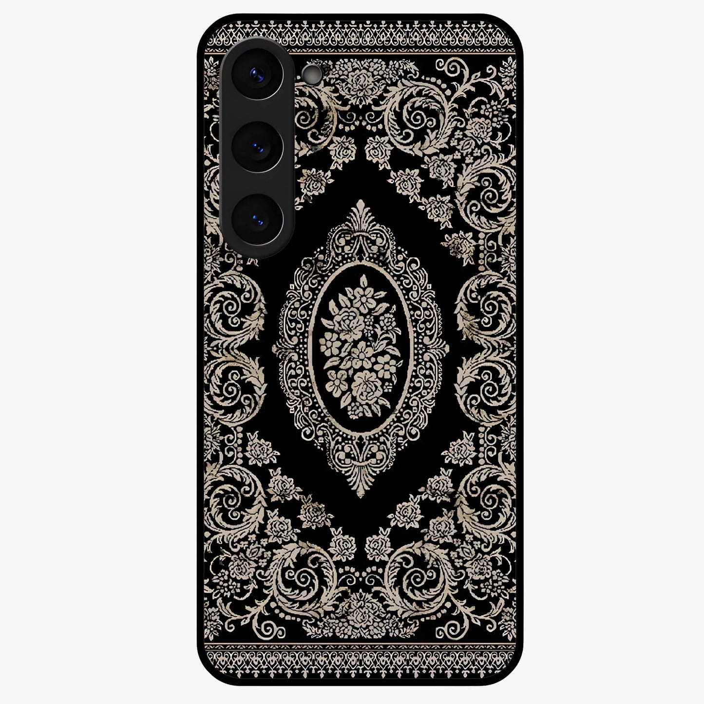 Noir Bloom Elegance Glass Case showing flat back view with elegant dark floral artwork and glossy glass finish.