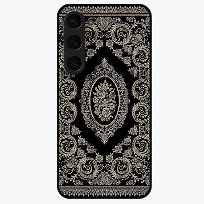 Noir Bloom Elegance Glass Case showing flat back view with elegant dark floral artwork and glossy glass finish.