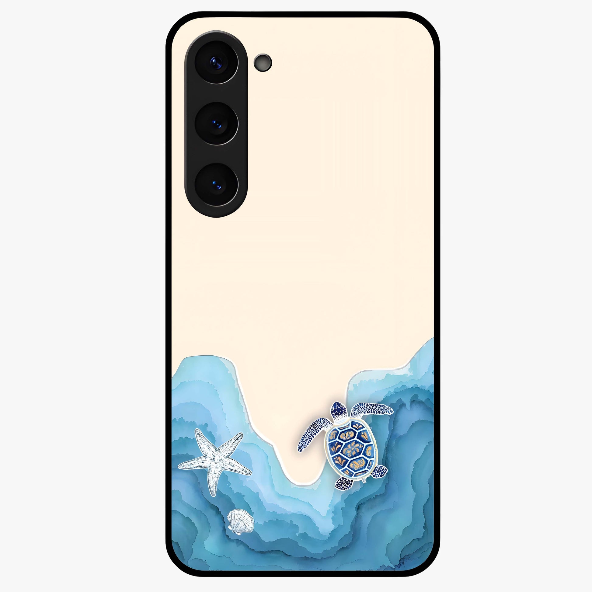 Ocean Drift Turtle Glass Case showing flat back view with sea turtle artwork and glossy glass finish.