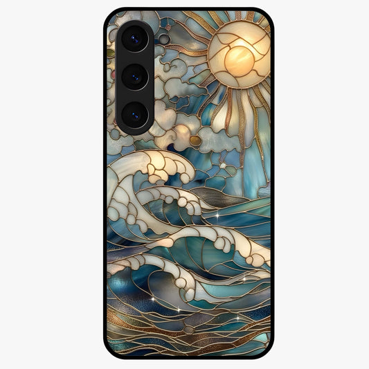 Oceanic Stained Printed Glass Case showing flat back view with ocean inspired stained pattern artwork and glossy glass finish.