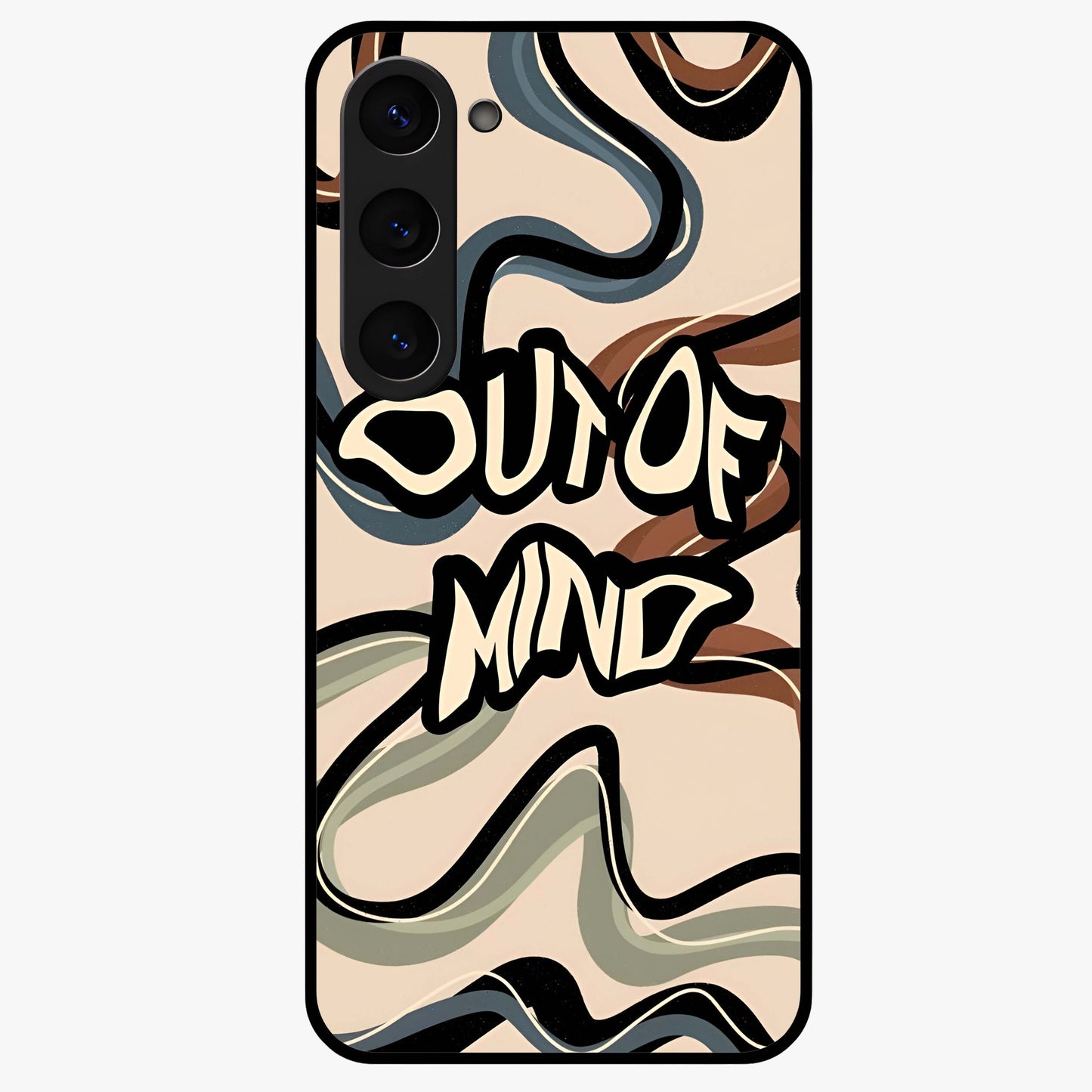 Out Of Mind Glass Case showing flat back view with expressive typography artwork and glossy glass finish.