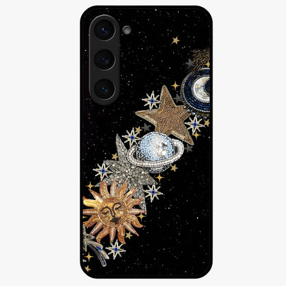 Pearls Universe Object Glass Case showing flat back view with pearl inspired cosmic artwork and glossy glass finish.