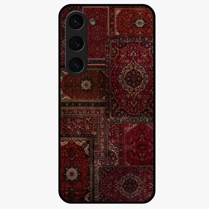 Persian Velvet Tale Glass Case showing flat back view with luxurious Persian velvet pattern artwork and glossy glass finish.