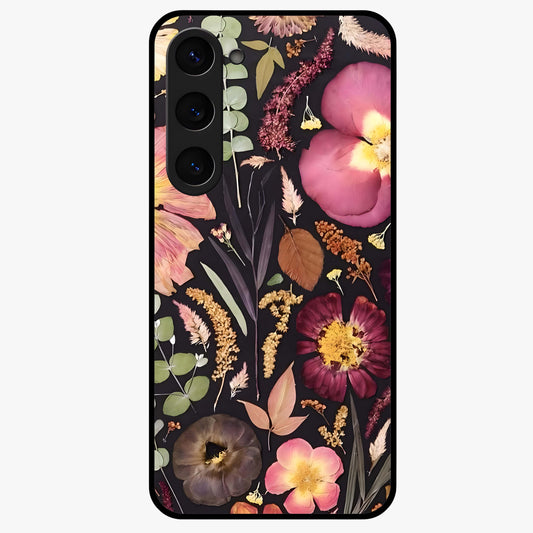 Petal Dream Tapestry Glass Case showing flat back view with intricate floral tapestry artwork and glossy glass finish.