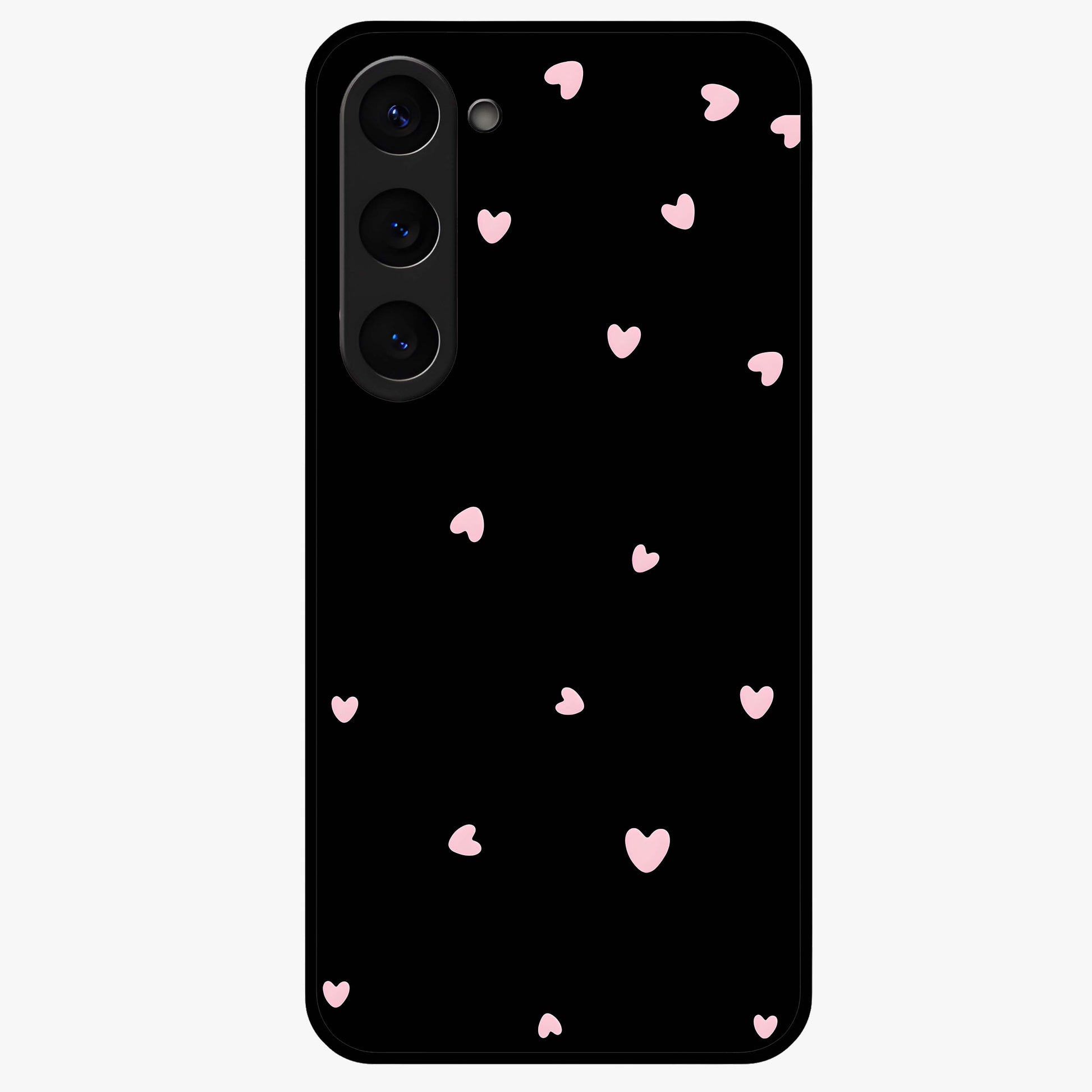 Pink Love Drops Glass Case showing flat back view with playful pink heart drops artwork and glossy glass finish.