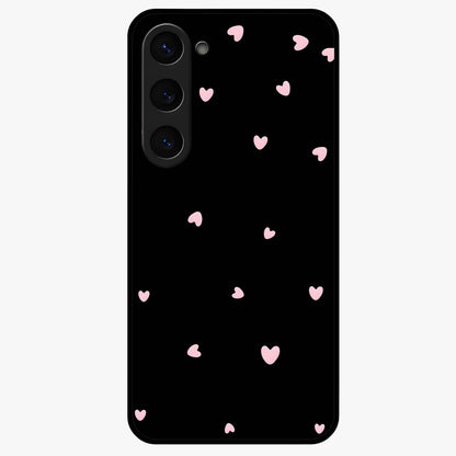 Pink Love Drops Glass Case showing flat back view with playful pink heart drops artwork and glossy glass finish.