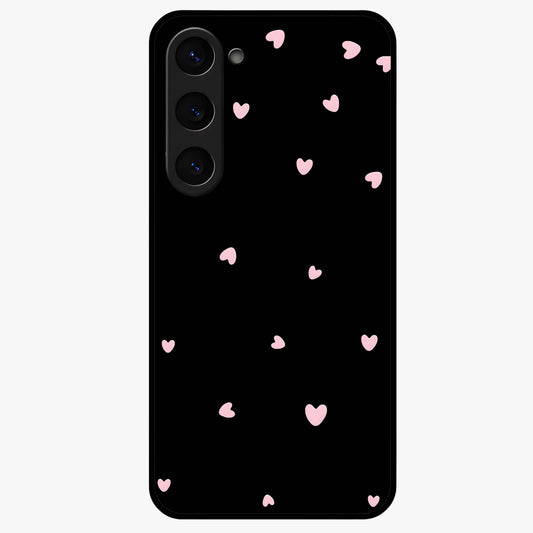Pink Love Drops Glass Case showing flat back view with playful pink heart drops artwork and glossy glass finish.