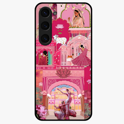 Pink Palace Muse Glass Case showing flat back view with elegant palace inspired artwork and glossy glass finish.