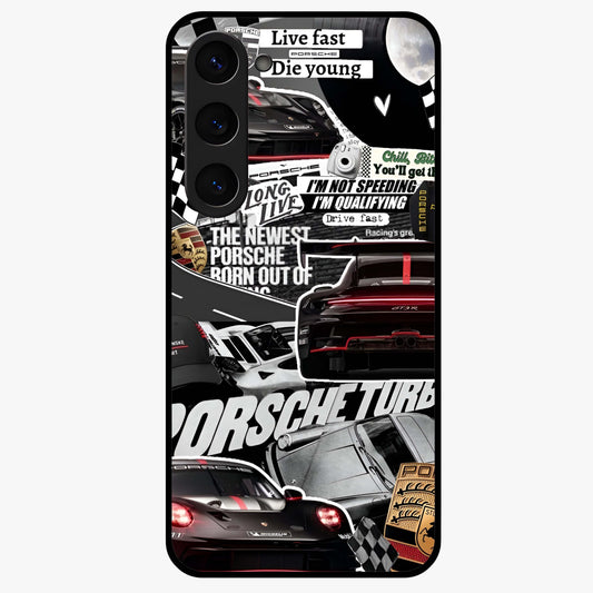 Porsche Racing Collage Glass Case showing flat back view with sports car racing collage artwork and glossy glass finish.