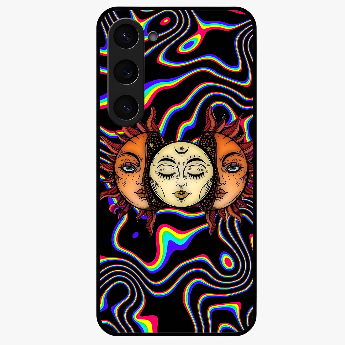 Psychedelic Sun Glass Case showing flat back view with colorful psychedelic sun artwork and glossy glass finish.