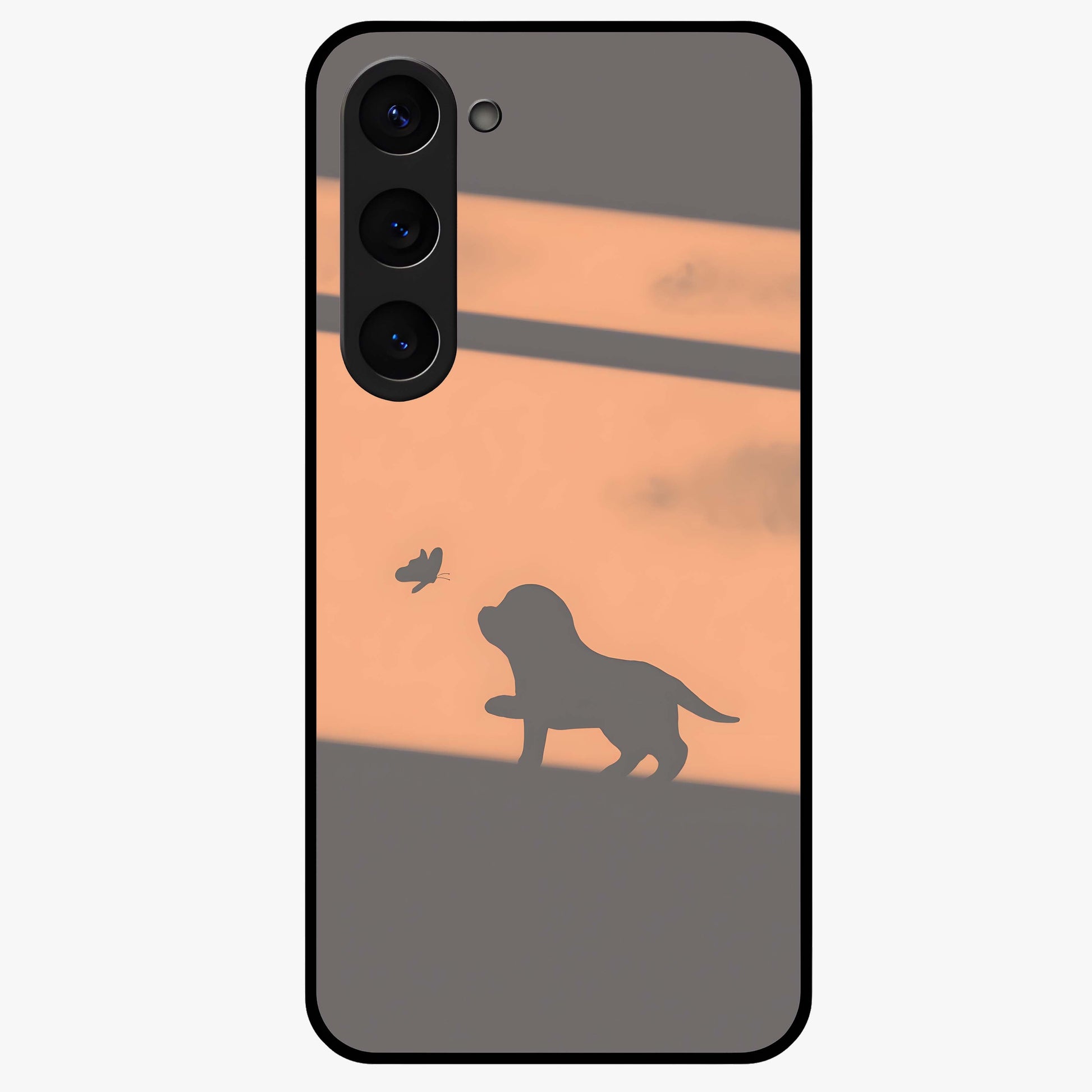 Puppy Shadow Art Glass Case showing flat back view with cute puppy shadow style artwork and glossy glass finish.