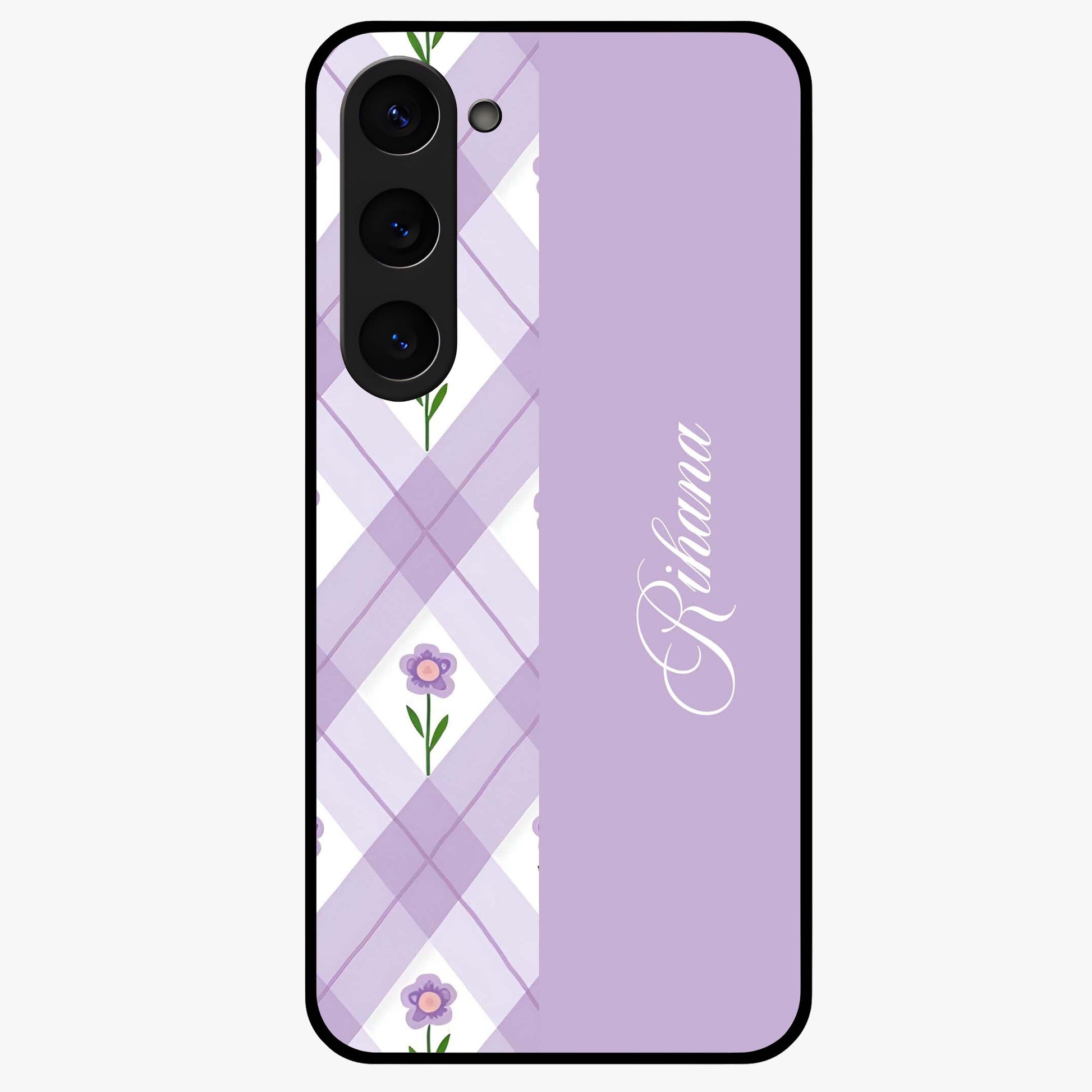 Purple Diamond Floral Glass Case showing flat back view with diamond shaped floral artwork and glossy glass finish.