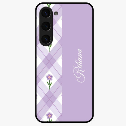 Purple Diamond Floral Glass Case showing flat back view with diamond shaped floral artwork and glossy glass finish.