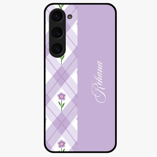 Purple Diamond Floral Glass Case showing flat back view with diamond shaped floral artwork and glossy glass finish.