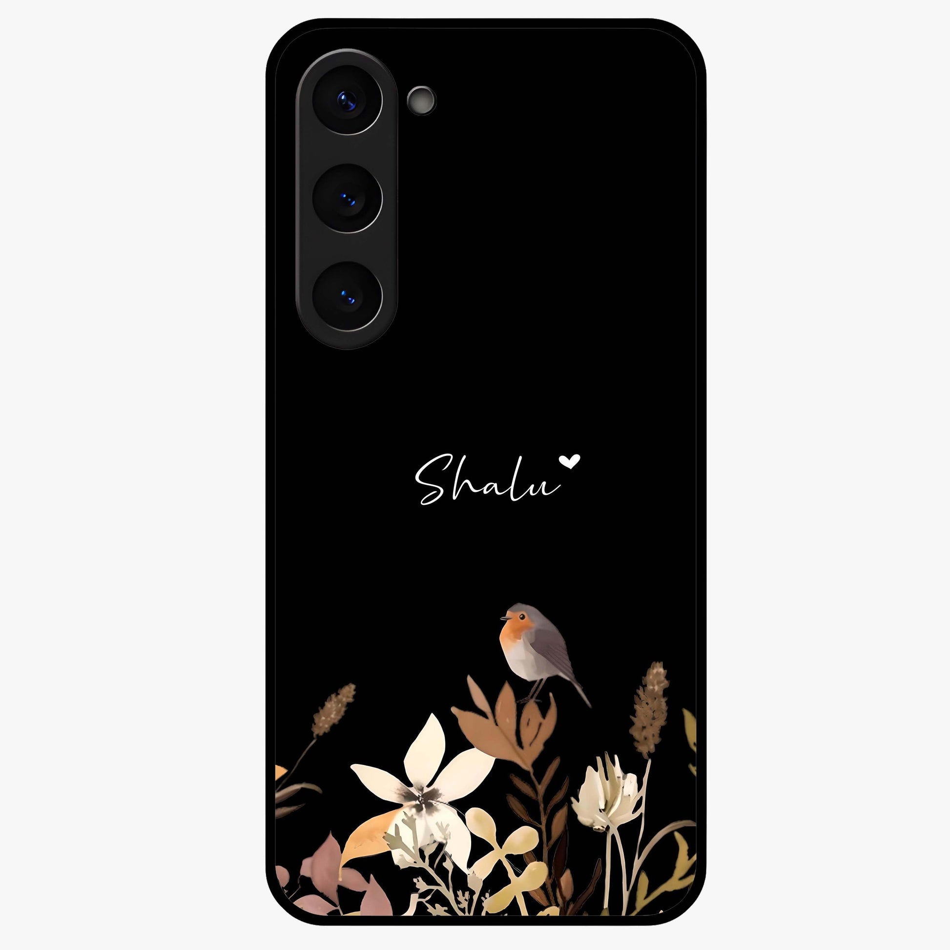 Quiet Garden Tune Custom Name Glass Case showing flat back view with peaceful garden artwork and personalized name design.
