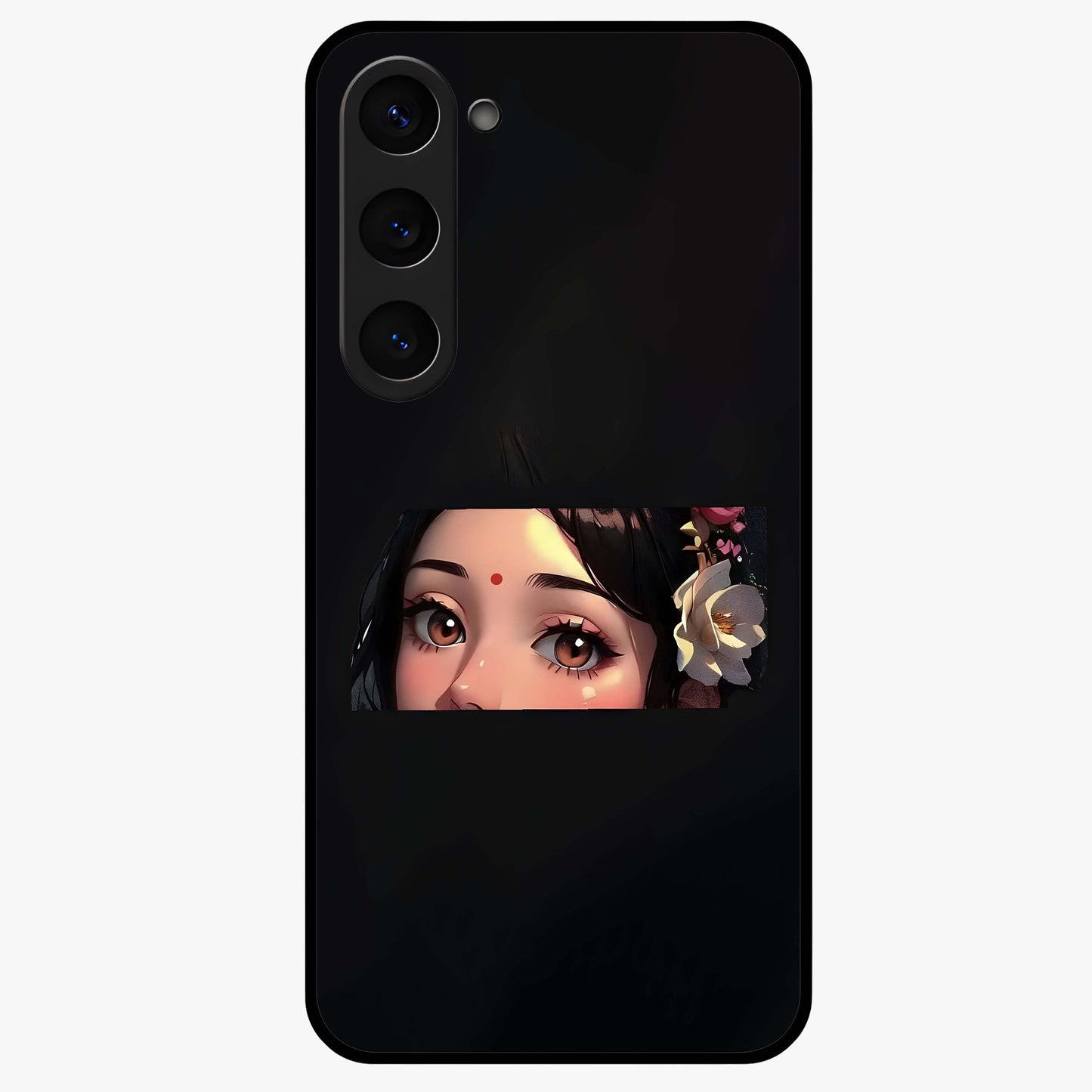 Radha Divine Embrace Glass Case showing flat back view with devotional Radha artwork and glossy glass finish.