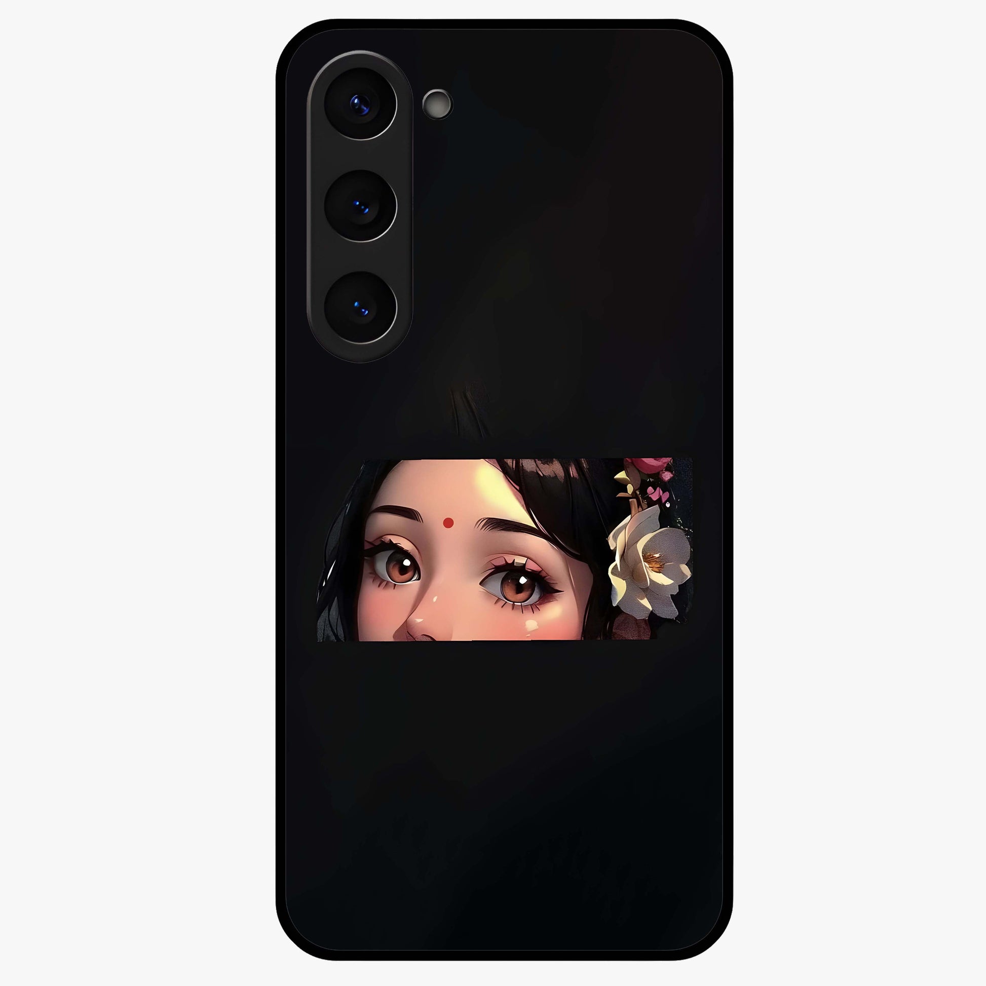 Radha Divine Embrace Glass Case showing flat back view with devotional Radha artwork and glossy glass finish.