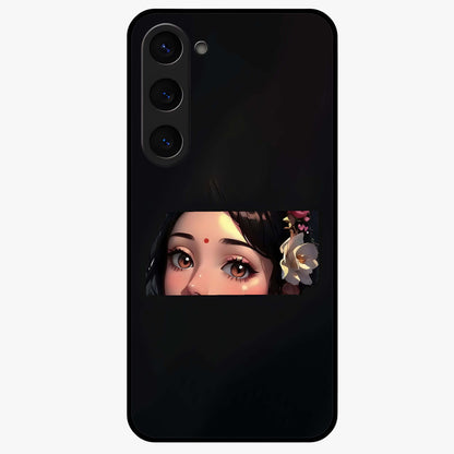 Radha Divine Embrace Glass Case showing flat back view with devotional Radha artwork and glossy glass finish.