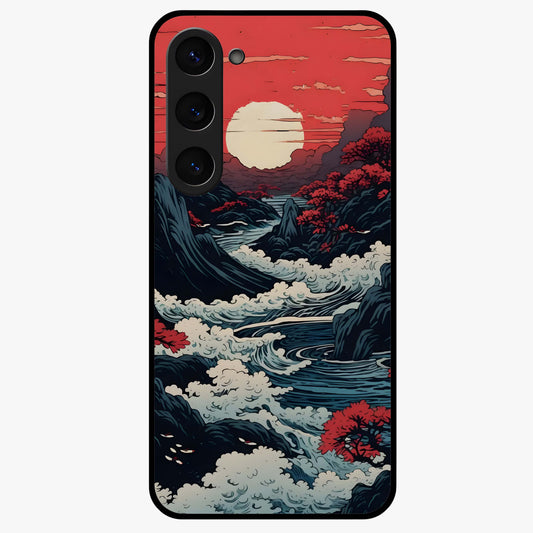 Red Sunset Scenery Glass Case showing flat back view with vibrant sunset landscape artwork and glossy glass finish.