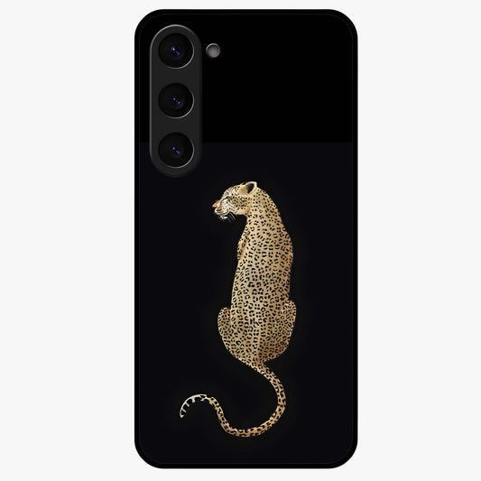 Regal Leopard Glass Case showing flat back view with bold leopard artwork and glossy glass finish.