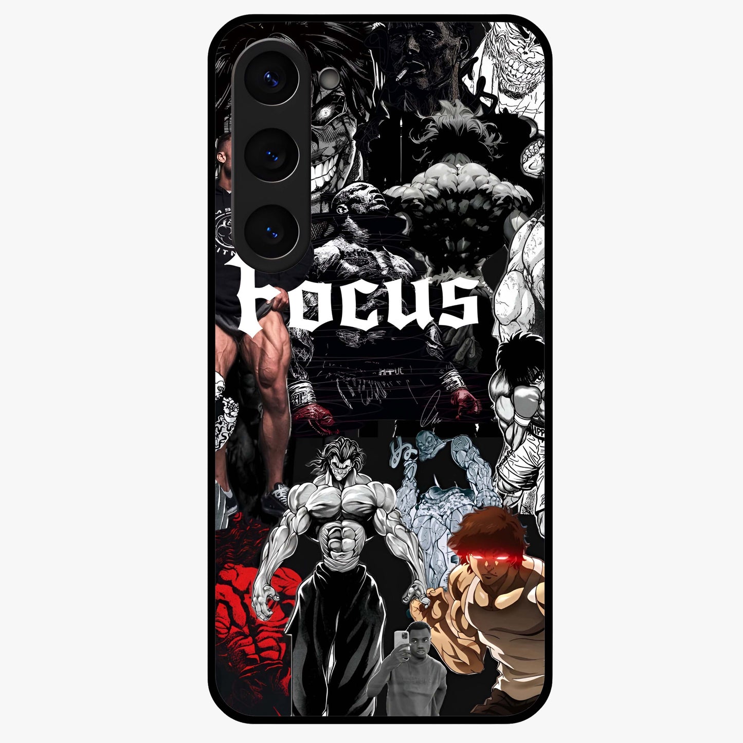 Relentless Power Focus Glass Case showing flat back view with motivational typography artwork and glossy glass finish.