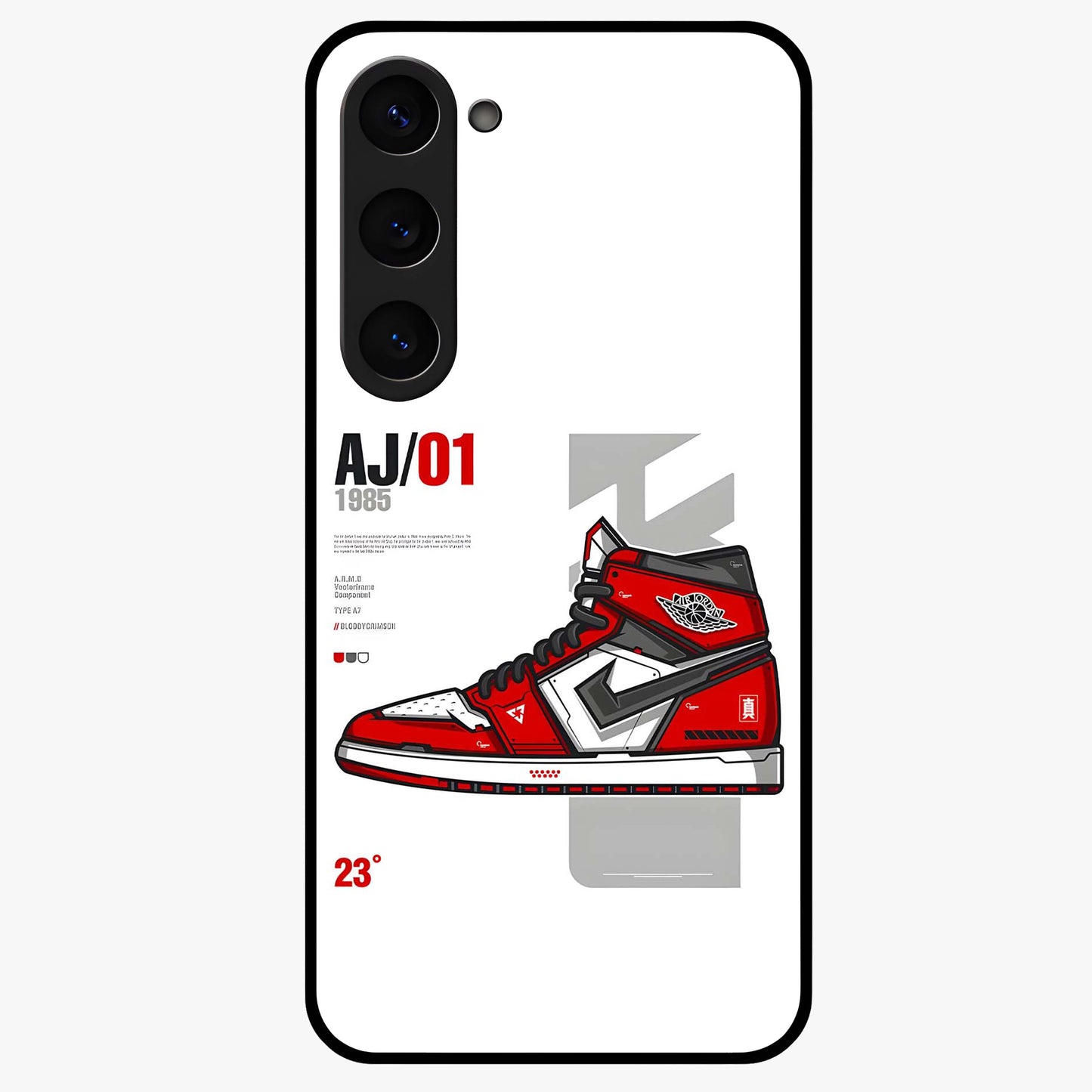 Retro Sneaker Blueprint Glass Case showing flat back view with sneaker blueprint style artwork and glossy glass finish.