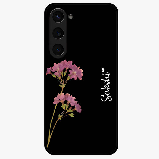 Riching Lavender Flower Custom Name Glass Case showing flat back view with lavender floral artwork and personalized name design.