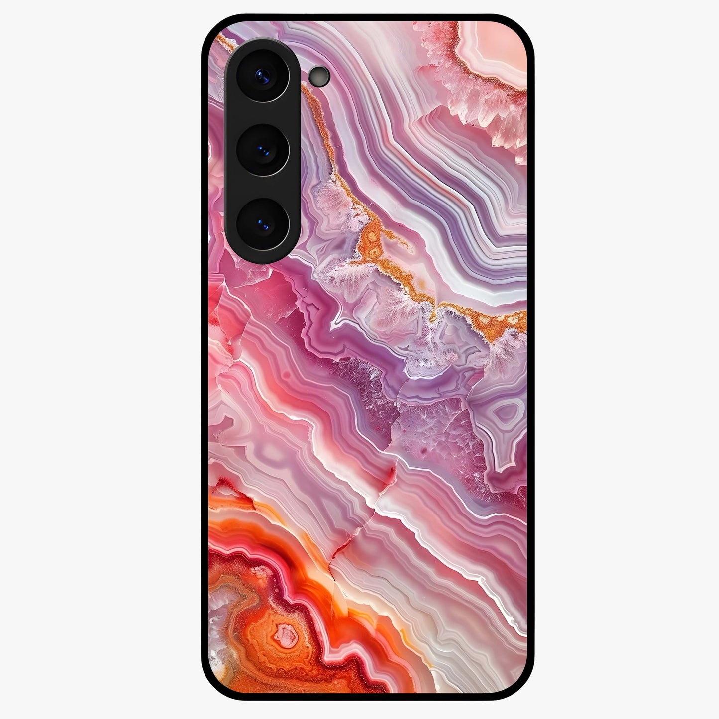 Rose Quartz Marble Glass Case showing flat back view with pink marble quartz texture artwork and glossy glass finish.