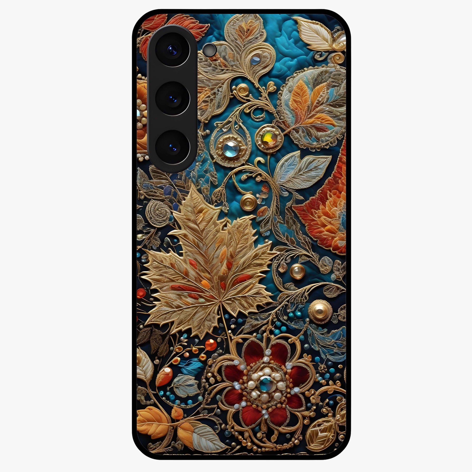 Royal Jewel Garden Glass Case showing flat back view with decorative floral garden artwork and glossy glass finish.