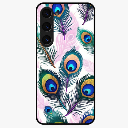 Royal Peacock Feathers Glass Case showing flat back view with colorful peacock feather artwork and glossy glass finish.