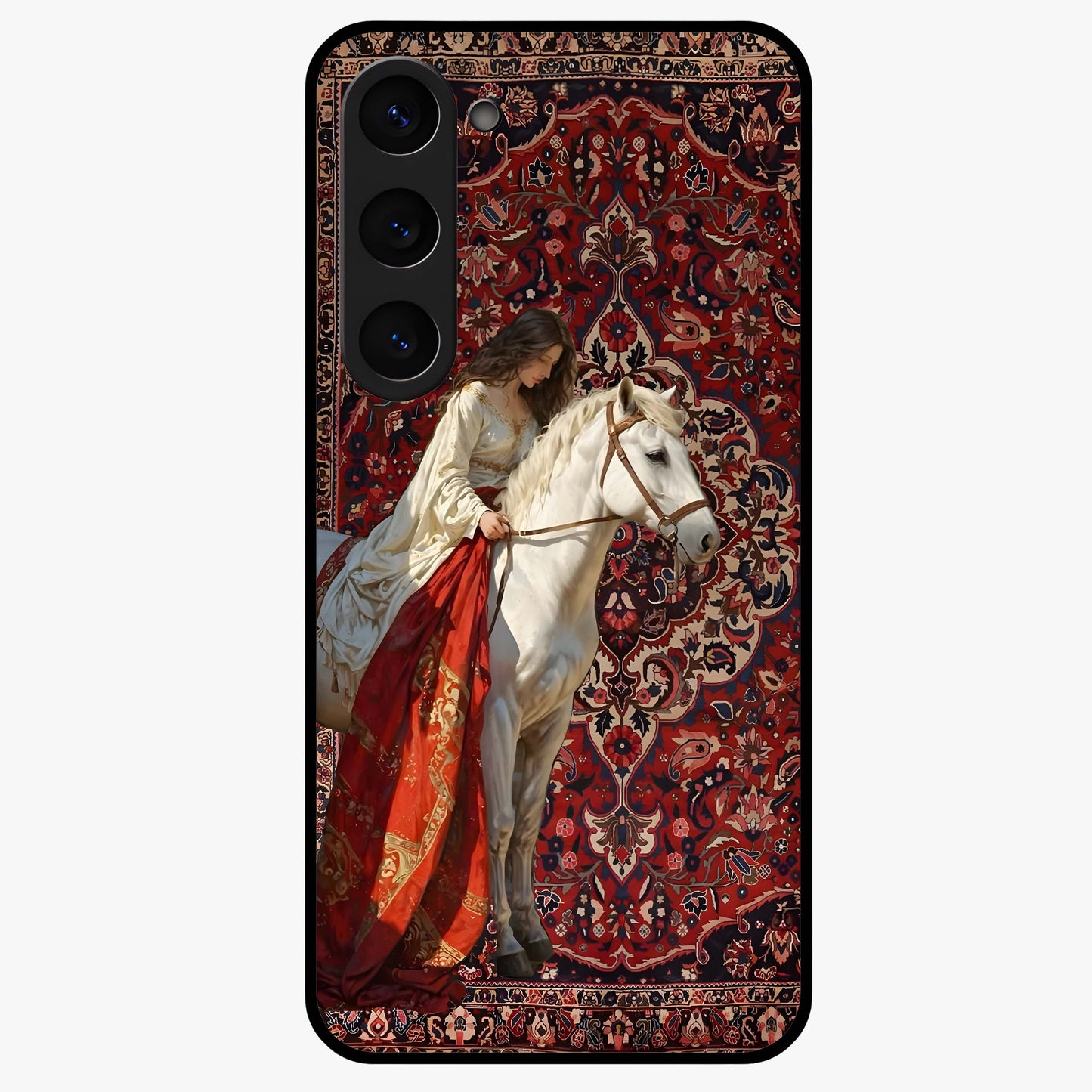 Royal Rider Tapestry Glass Case showing flat back view with majestic horse rider tapestry artwork and glossy glass finish.