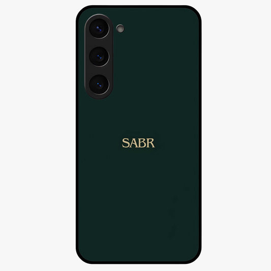 Sabr Minimal Patience Glass Case showing flat back view with minimalist typography artwork and glossy glass finish.