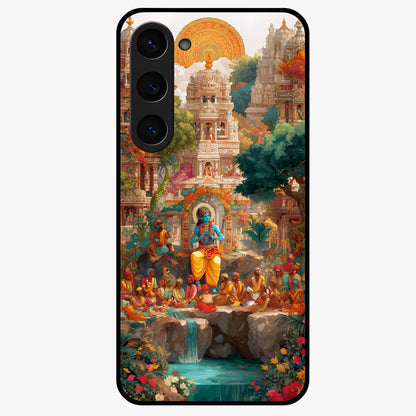 Sacred Sunlight Gods Glass Case showing flat back view with divine sunlight themed artwork and glossy glass finish.