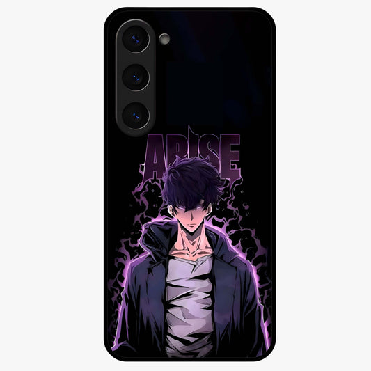 Shadow Monarch Awakening Glass Case showing flat back view with powerful dark monarch themed artwork and glossy glass finish.