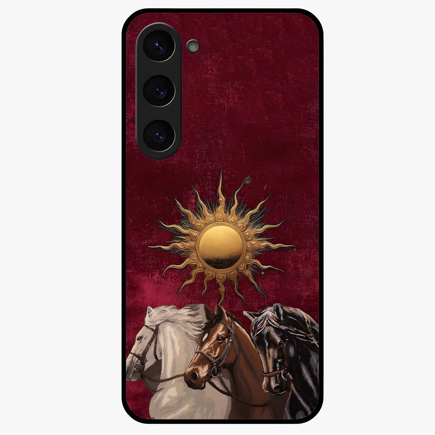 Solar Riders Glass Case showing flat back view with dynamic rider themed artwork and glossy glass finish.