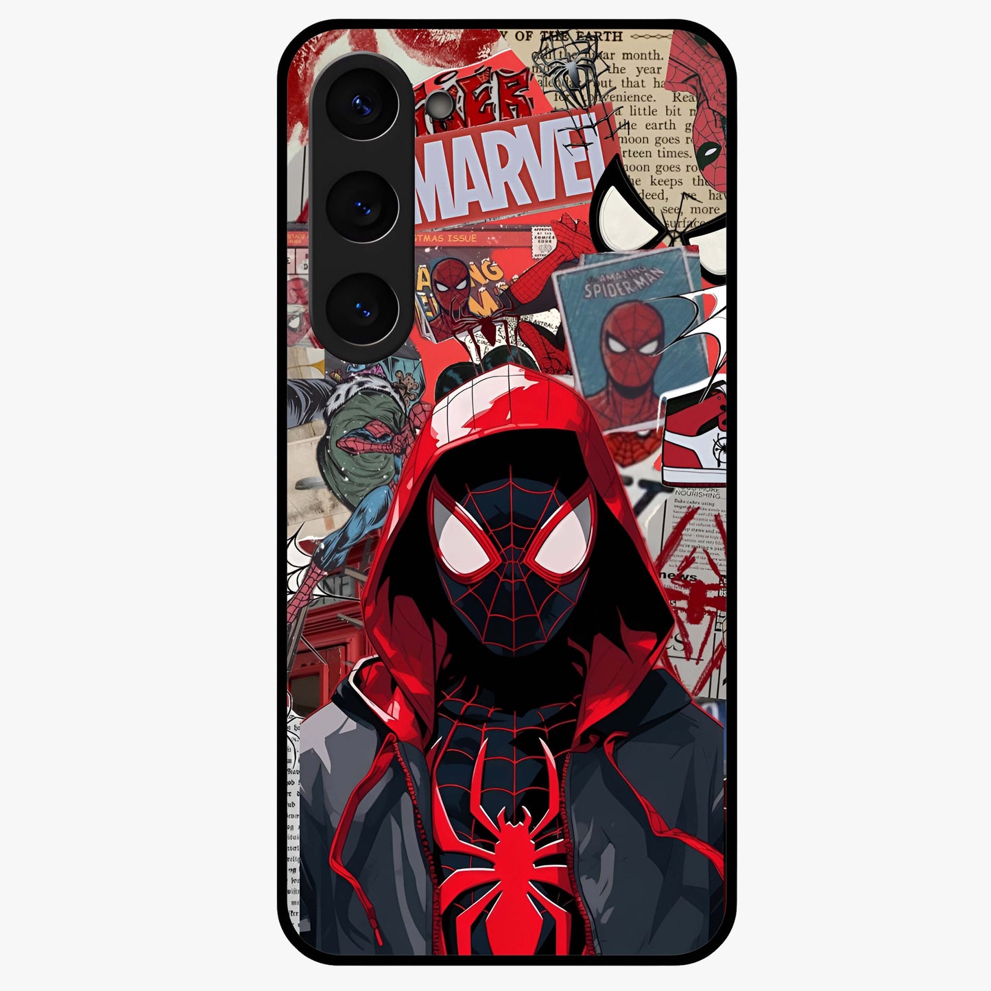 Spider Collage Street Glass Case showing flat back view with vibrant superhero collage artwork and glossy glass finish.