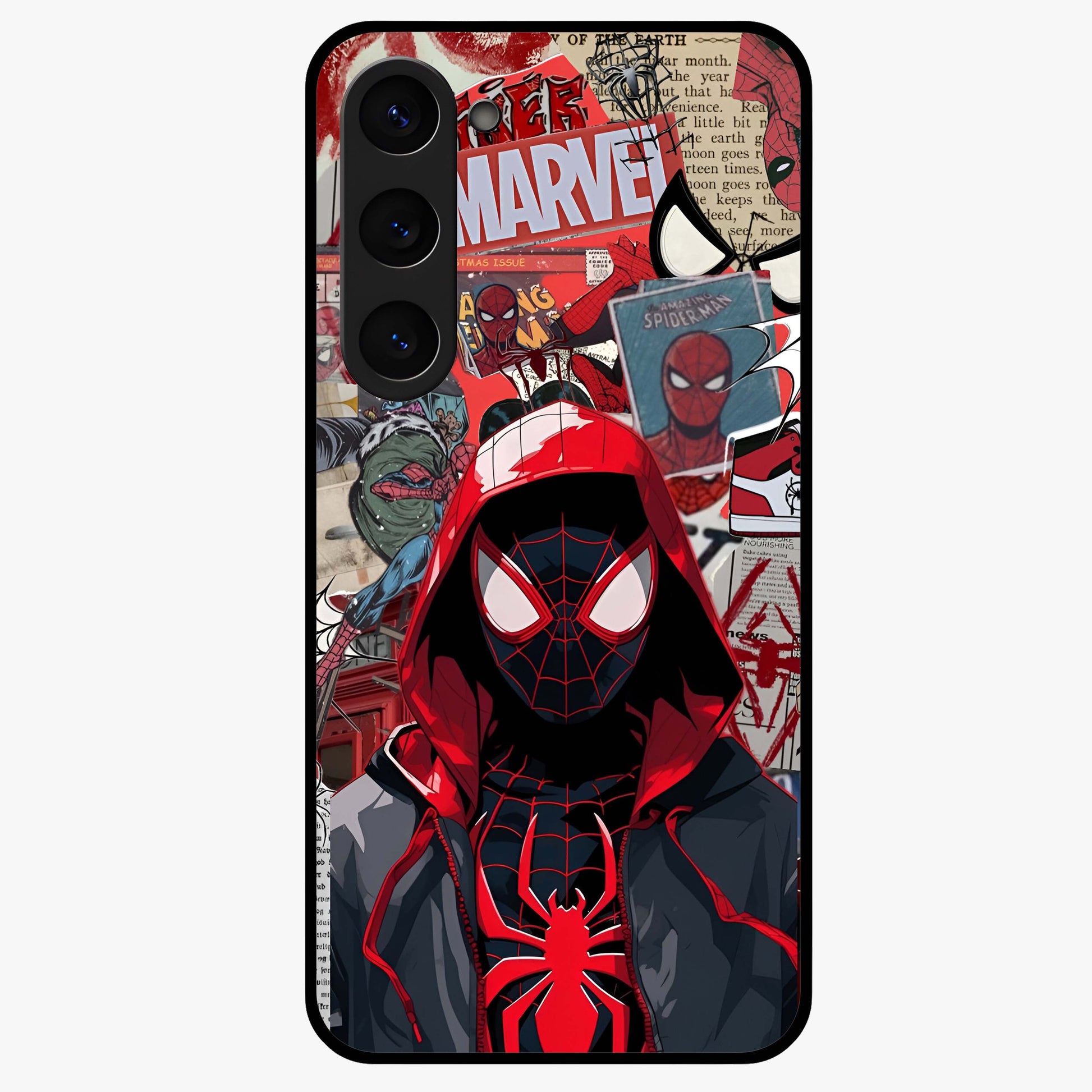 Spider Collage Street Glass Case showing flat back view with vibrant superhero collage artwork and glossy glass finish.