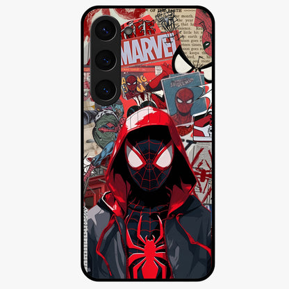 Spider Collage Street Glass Case showing flat back view with vibrant superhero collage artwork and glossy glass finish.