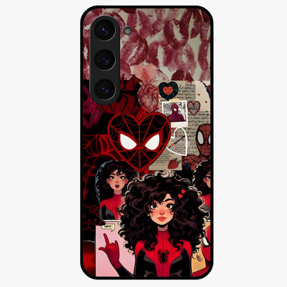 Spider Love Story Glass Case showing flat back view with romantic superhero themed artwork and glossy glass finish.