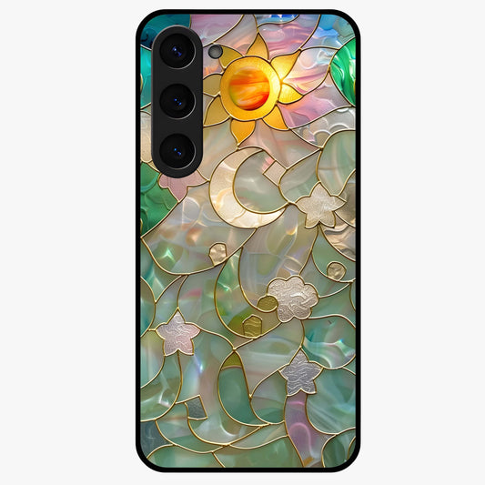 Stained Sunrise Glow Glass Case showing flat back view with glowing sunrise stained pattern artwork and glossy glass finish.