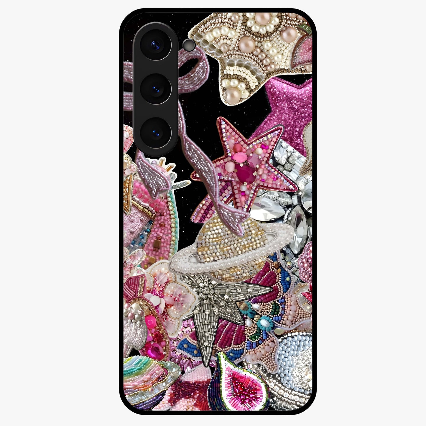 Starlit Jewel Dream Glass Case showing flat back view with sparkling jewel and star themed artwork and glossy glass finish.