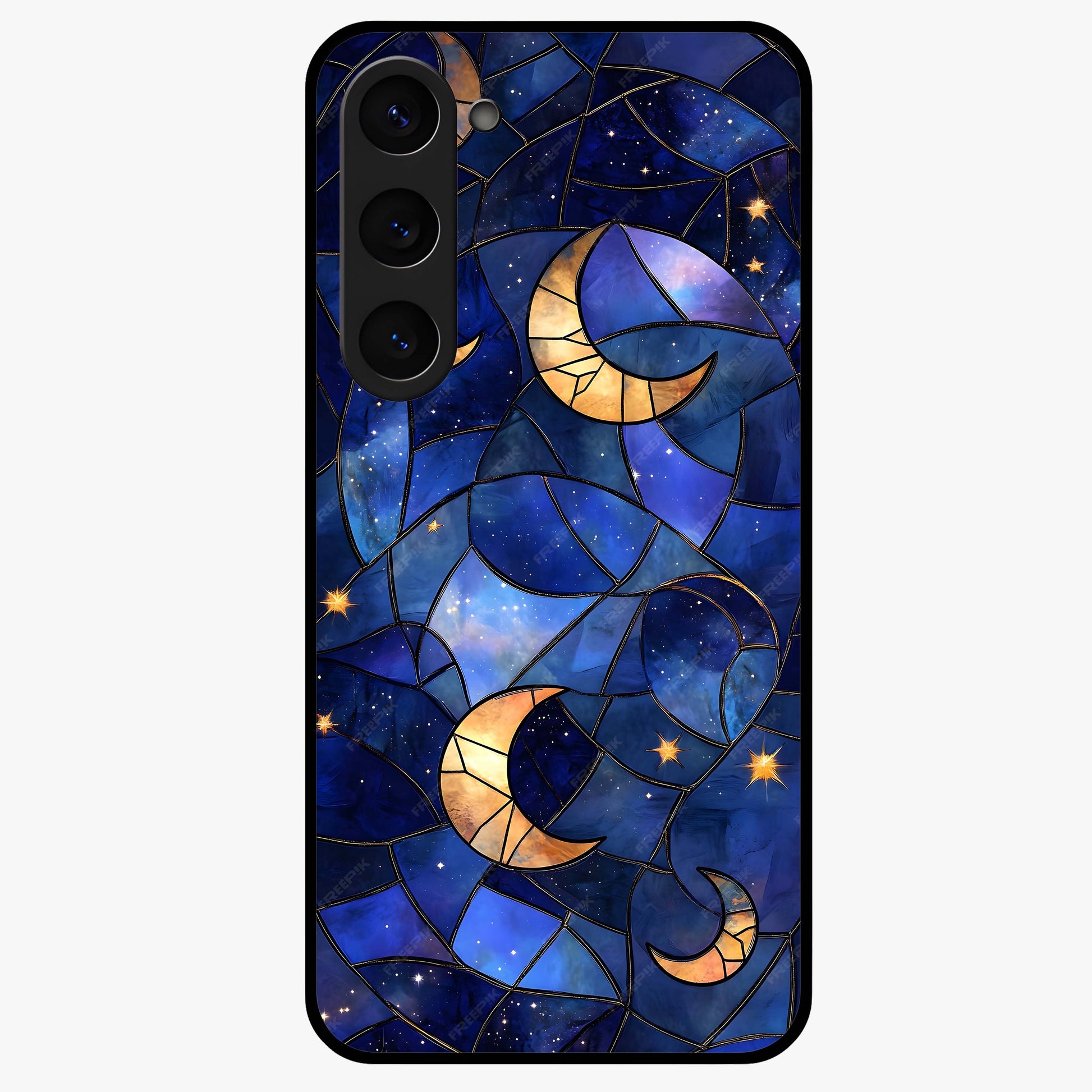 Starlit Sky Tapestry Glass Case showing flat back view with decorative starry sky tapestry artwork and glossy glass finish.
