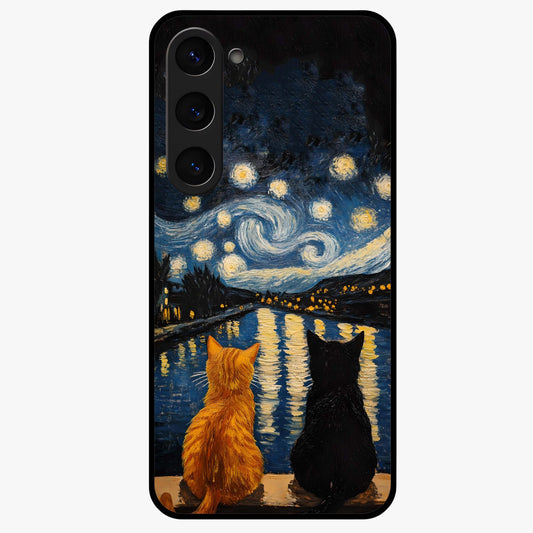 Starry River Cats Glass Case showing flat back view with cats by a starry river artwork and glossy glass finish.